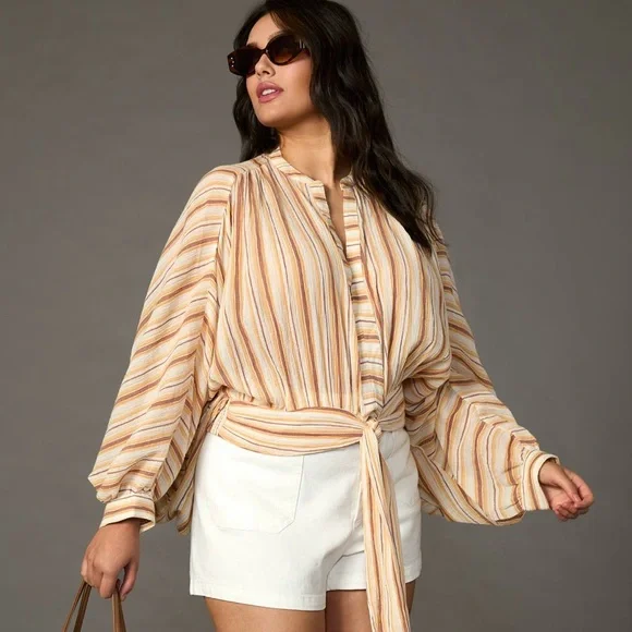 Anthropologie NWT Striped Tie-Front Blouse Balloon Sleeve Boho Top - Size Medium - Picture 2 of 8